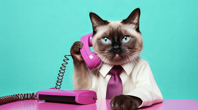  Siamese cat in suit talking on the phone while working on bright pastel background. advertisement. presentation. commercial. editorial. copy text space.