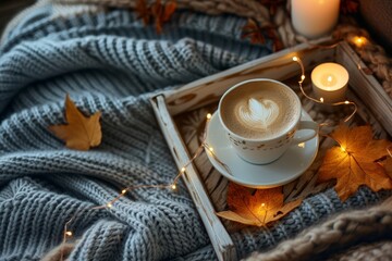 Obraz na płótnie Canvas Autumn inspired home decor A cup of coffee on a wooden tray a candle and a cozy sweater on a sofa adorned with LED lights