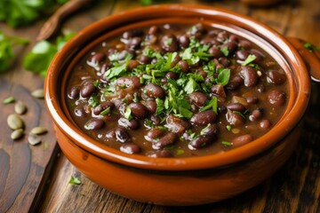 Close up overhead view of a bowl of spiced black bean stew on a table