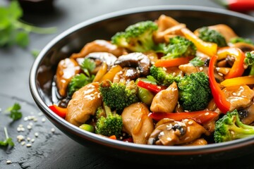 Chinese stir fried dish with chicken mushrooms broccoli and peppers