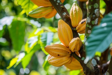 Cocoa tree in Nan Thailand with yellow and green pods