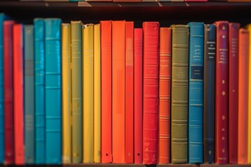 Fototapeta premium Colorful books on blurred bookshelf