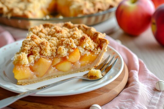 Close up selective focus of homemade apple peach shortcrust pie with crumble on wooden board and pink napkin served with a fork saucer and fresh fruits