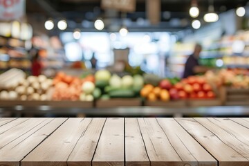 Blurred indoor market store background with blank menu board on wooden table
