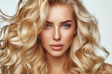 Naklejka premium Beautiful young model with blonde curly hair and wavy long hair isolated on white