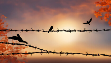 Silhouette of bird flying and barbed wire at autumn sunset background