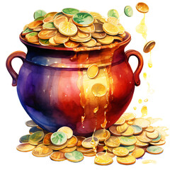 A colorful pot of gold sits at the base of a rainbow, overflowing with gold coins.