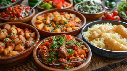 Multicultural feasts. Bowls full of various warm winter meals. Potatoes, meat and salads.