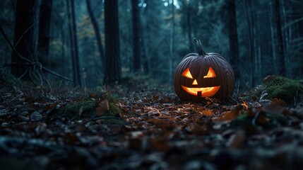 Glowing Halloween Pumpkin in Twilight Forest
