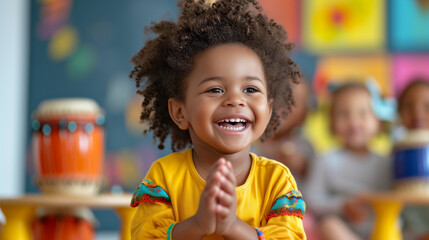 Cute black toddler boy clapping while listening to music in a day care classroom. - obrazy, fototapety, plakaty