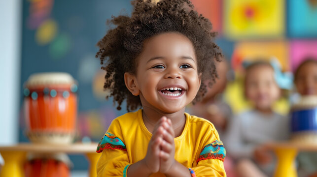 Cute black toddler boy clapping while listening to music in a day care classroom.