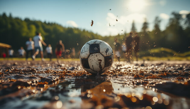 A dirty football or soccer ball on the dirty and muddy ground, people playing at the background