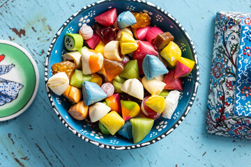 Turkish Coffee in the Colorful Eid Candy and Chocolate, Traditional Ottoman Desserts, Turkish Delight and Baklava Photo, Üsküdar Istanbul, Turkiye (Turkey)