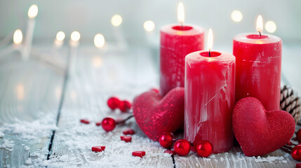 Hearts presents and candles in red on a white wooden background valentine's Day