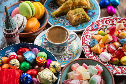 Turkish Coffee in the Colorful Eid Candy and Chocolate, Traditional Ottoman Desserts, Turkish Delight and Baklava Photo, Üsküdar Istanbul, Turkiye (Turkey)