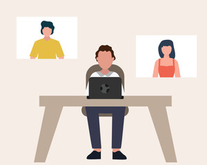 Business people having video conferences on a laptop. flat vector illustration.