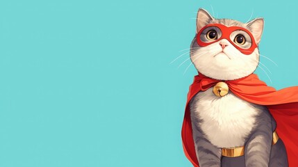 Adorable cat in red superhero cape and mask on light blue background, space for text - obrazy, fototapety, plakaty