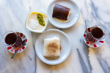 Traditional Turkish Cuisine Milky Ramadan Desserts (Kazandibi, Pudding, Chicken Gogsu) Photo, Eminönü Fatih, Istanbul Turkey