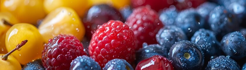 Close-up panoramic image of mixed berries and cherries with water droplets, highlighting freshness...