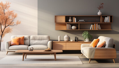 Modern apartment with bright, comfortable interior  sofa, table, chair, bookshelf generated by AI