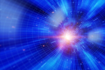 Fototapeta premium A tunnel in space connecting two points in spacetime. Concept space travel, teleportation, black hole. 3D illustration, 3D render, copy space.