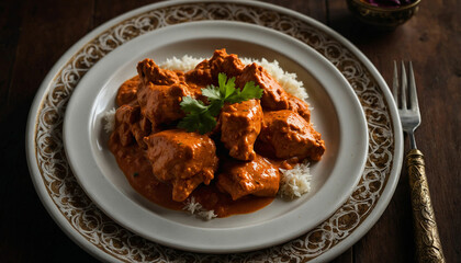 A serving of butter chicken arranged elegantly on a vintage white plate, juxtaposed against the deep, earthy tones of a dark wooden table, creating a visually striking composition