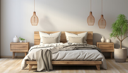 Fototapeta na wymiar Cozy bedroom, modern elegance, comfortable bed, illuminated by electric lamp generated by AI