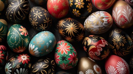 Elegant Easter eggs decorated with golden floral patterns, on a dark, luxurious background