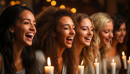 Smiling women enjoy nightlife, laughter, and carefree bonding indoors generated by AI - obrazy, fototapety, plakaty
