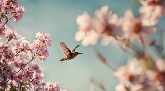 flying bird motion with beautiful pink flower on blue sky background. animal footage.