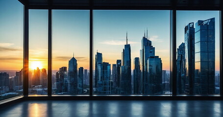 Empty office in Business centr with many glass windows in sunset with panoramic skyline city arhitecture.  business background with skyscrapers, business office buildings. banner - obrazy, fototapety, plakaty
