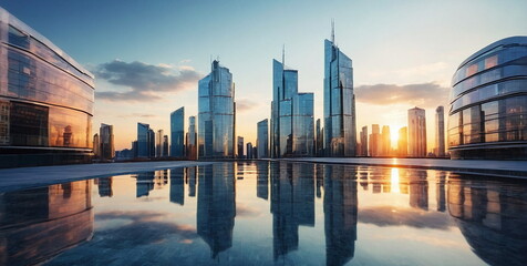 Panoramic city skyline .Reflective skyscrapers business office buildings.Business City buildings with many glass windows in sunset. Abstract business background with city arhitecture. . banner - obrazy, fototapety, plakaty
