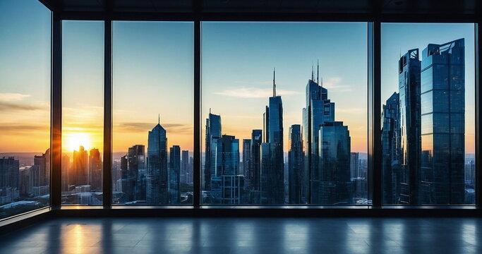 Empty Office In Business Centr With Many Glass Windows In Sunset With Panoramic Skyline City Arhitecture.  Business Background With Skyscrapers, Business Office Buildings. Banner