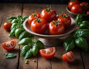 Red tomatoes on a kitchen table culinary photography