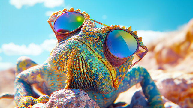 chameleon dons reflective sunglasses in a desert setting, giving off a cool and adventurous vibe