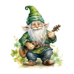 A garden gnome with a long white beard and a green hat is playing a small guitar. He is surrounded by greenery and sitting on the grass.