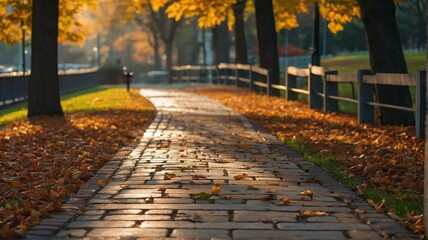 Naklejka na ściany i meble Beautiful autumn park with a bricks walkway winding its way through at morning with sunlight rays from Generative AI