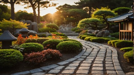 Beautiful japanese garden with a bricks walkway winding its way through at sunset from Generative AI