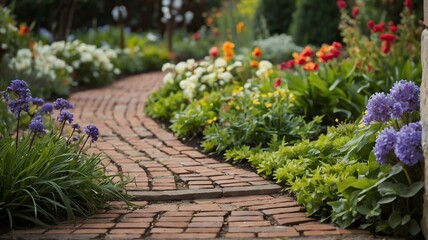 Beautiful summer garden with a bricks walkway winding its way through flowers from Generative AI