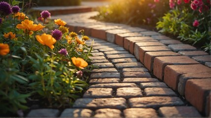 Beautiful summer garden with a bricks walkway winding its way through flowers at sunset from Generative AI