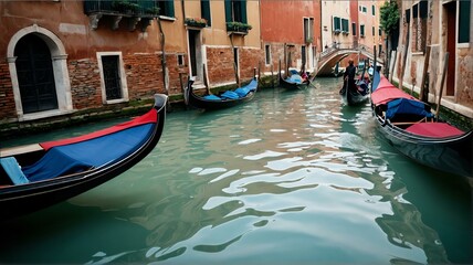 Gondolas drifting along tranquil canals landscape view for celebrations and greeting card from Generative AI - obrazy, fototapety, plakaty