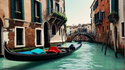 Gondolas drifting along tranquil canals landscape view for celebrations and greeting card from Generative AI - obrazy, fototapety, plakaty