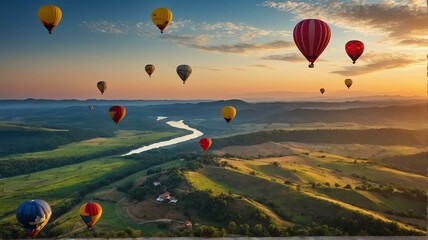 Hot air balloons floating over scenic landscape view for celebrations and greeting card from Generative AI