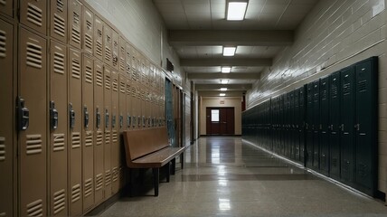 Middle school or high school hallway corridor with old student lockers on the side from Generative AI