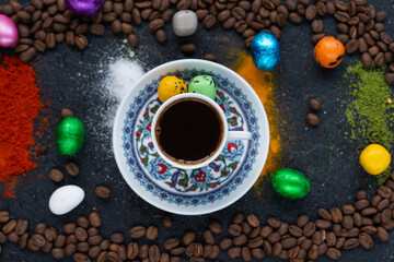 Obraz na płótnie Canvas Coffee Pot (Cezve) and Turkish Coffee (Turk Kahvesi) in the Middle of Coffee Beans Photo, Uskudar Istanbul, Turkiye (Turkey)