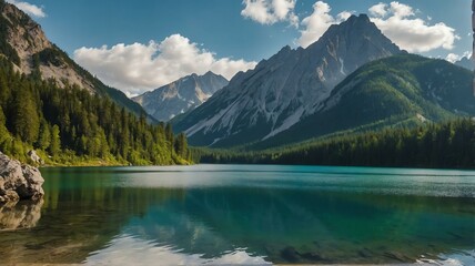 Pristine lakes surrounded by mountains landscape view for celebrations and greeting card from Generative AI