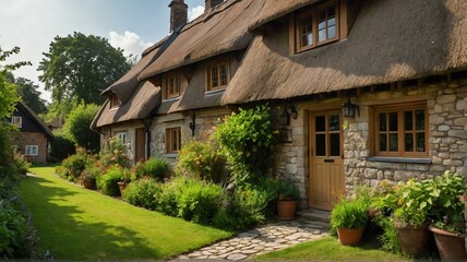 Quaint countryside cottages with thatched roofs landscape view for celebrations and greeting card from Generative AI