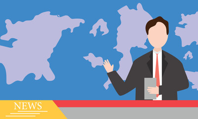 Reporter Anchoring on a live broadcast channel at a TV news studio. Flat vector illustration.
