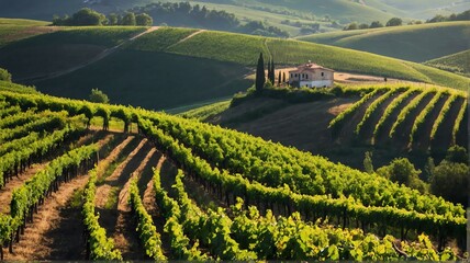 Fototapeta premium Rolling hills and vineyards in the countryside landscape view for celebrations and greeting card from Generative AI