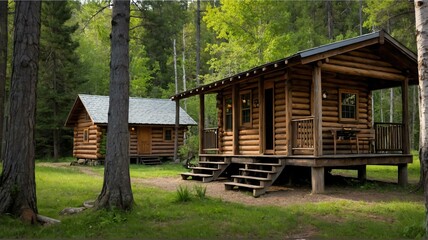 Rustic cabins nestled in wooded areas landscape view for celebrations and greeting card from Generative AI